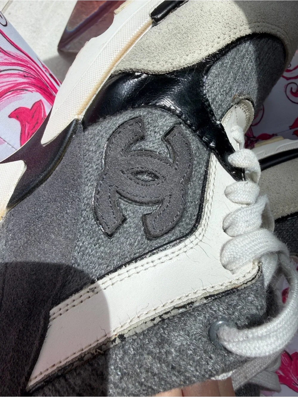 CHANEL Kids' Gray Knit Logo Back Sneakers